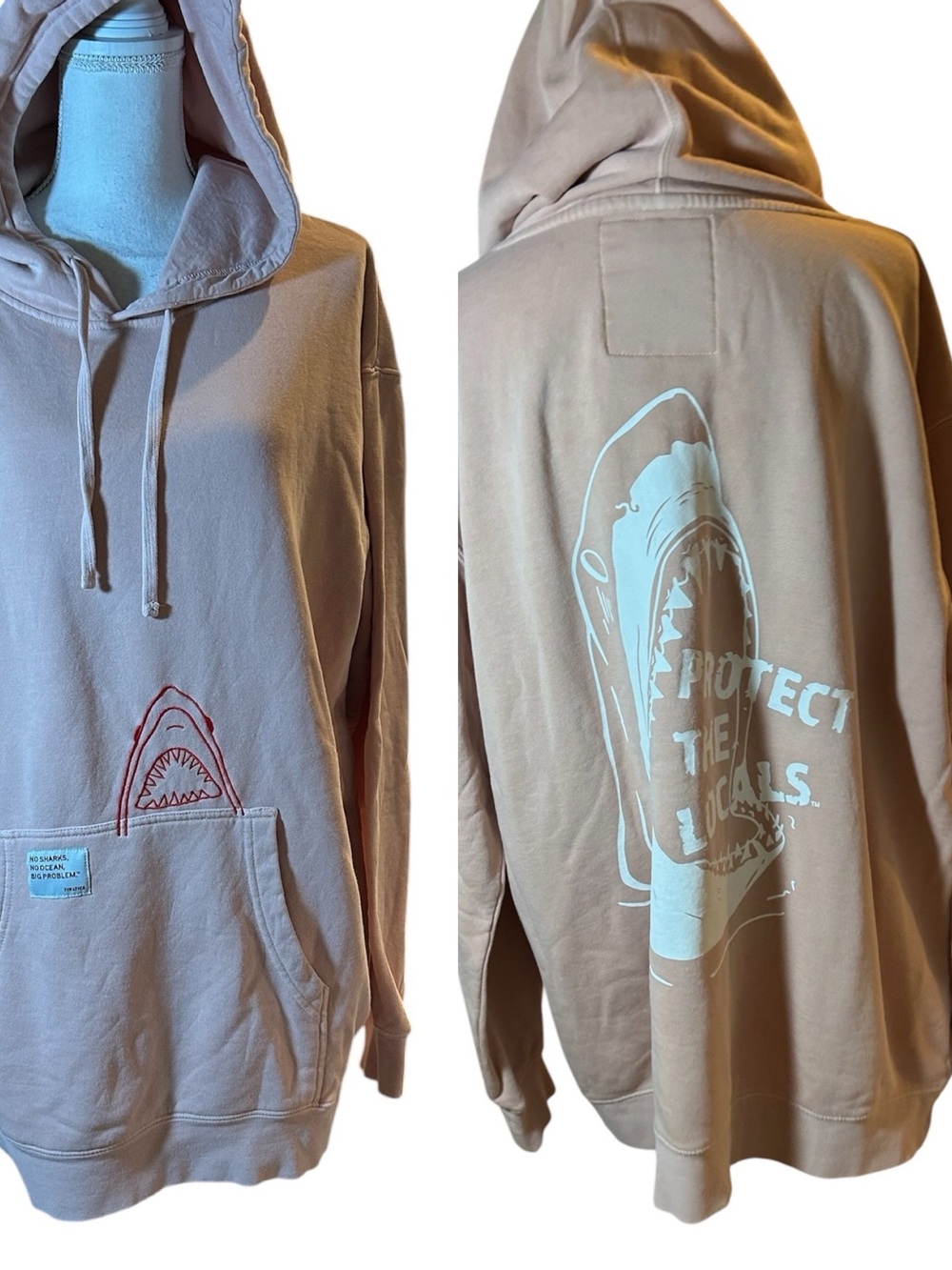 Finatics Protect the Locals Oversized Light Mauve Hoodie with Shark Graphic